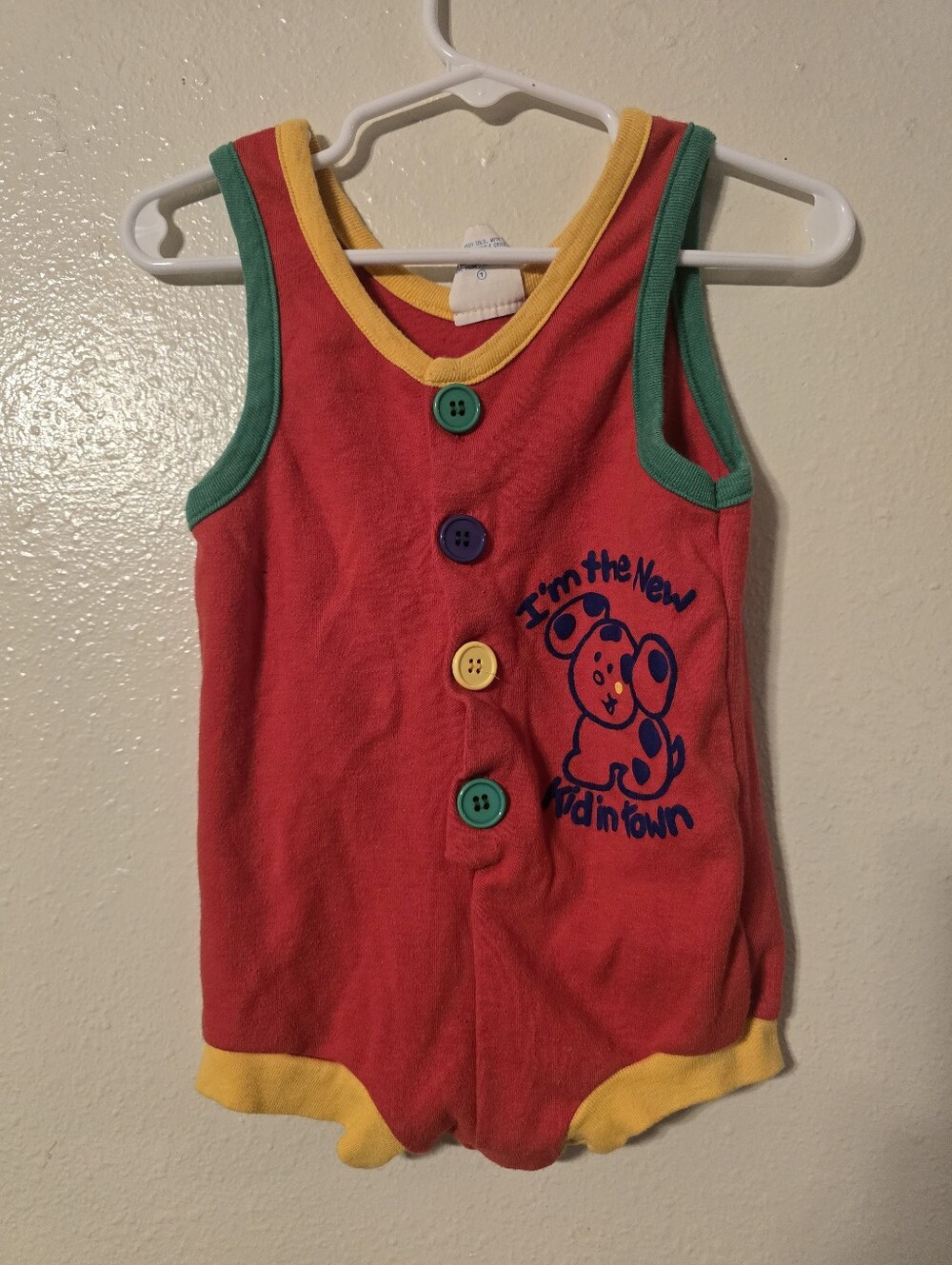 Vintage 90s Hopscotch Colorblock Baby Romper Puppy Graphic Red 6-9 Months